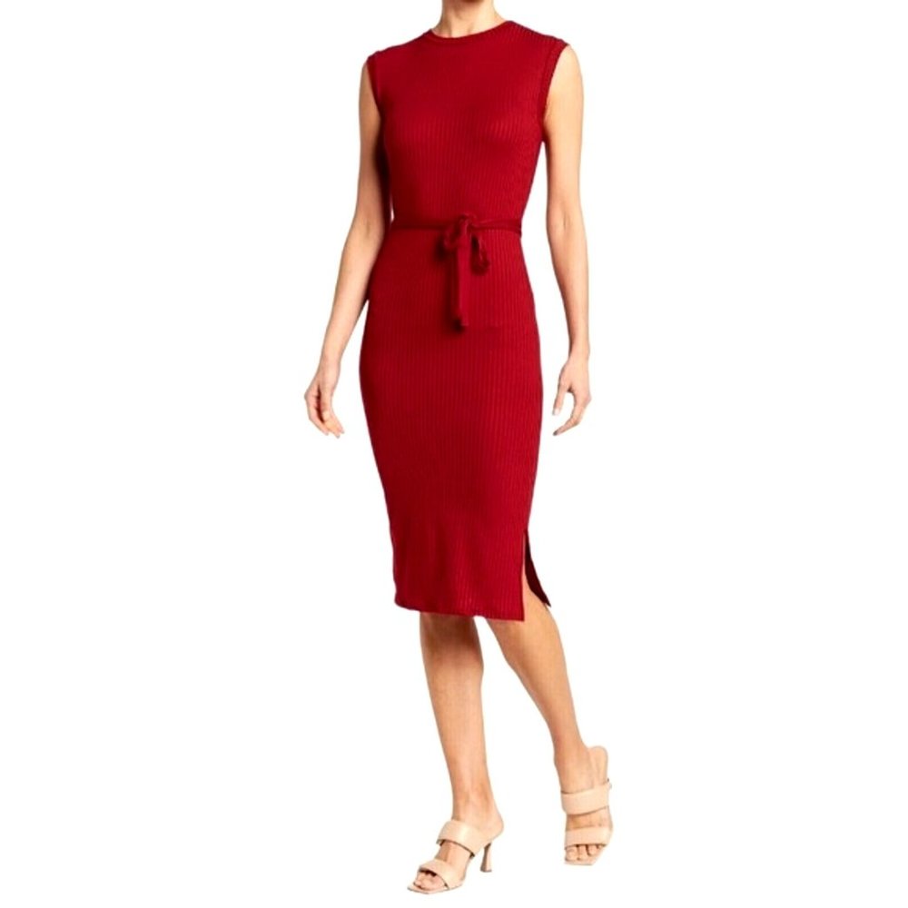 New Velvet Torch Womens XL Short Sleeve Red Rib Knit Tie Waist Belted Maxi Dress